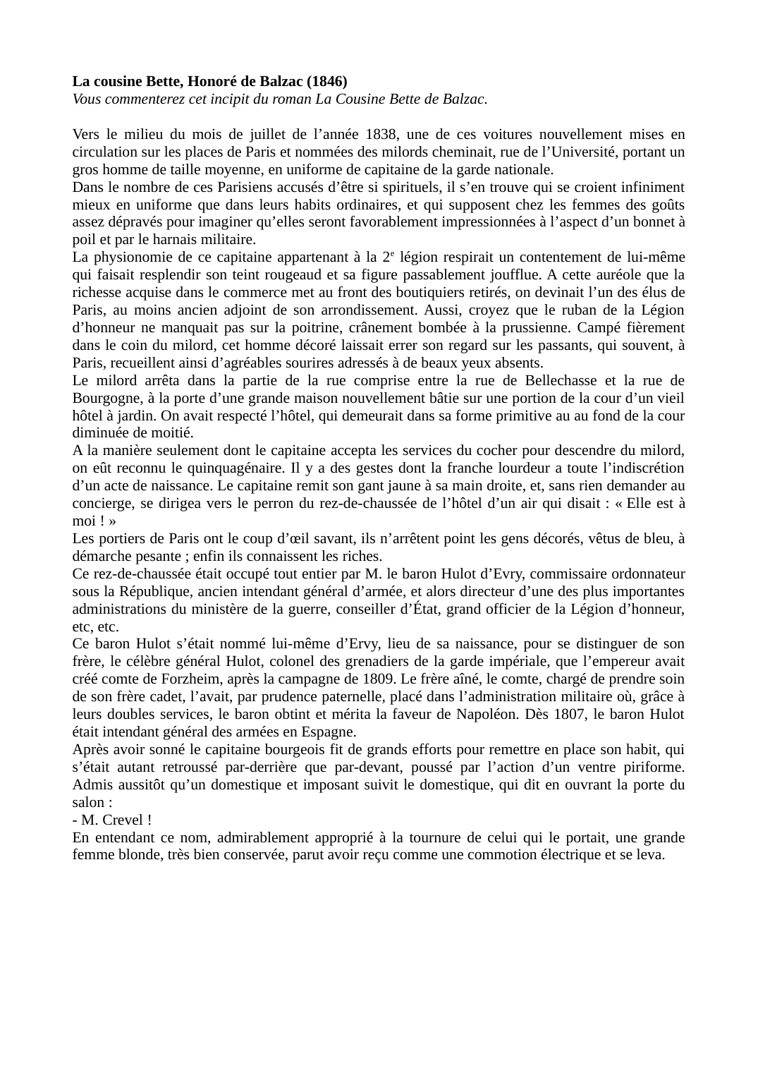 Prévisualisation du document Plan détaillé de l'incipit La Cousine Bette et informations sur le commentaire d'un incipit romanesque.