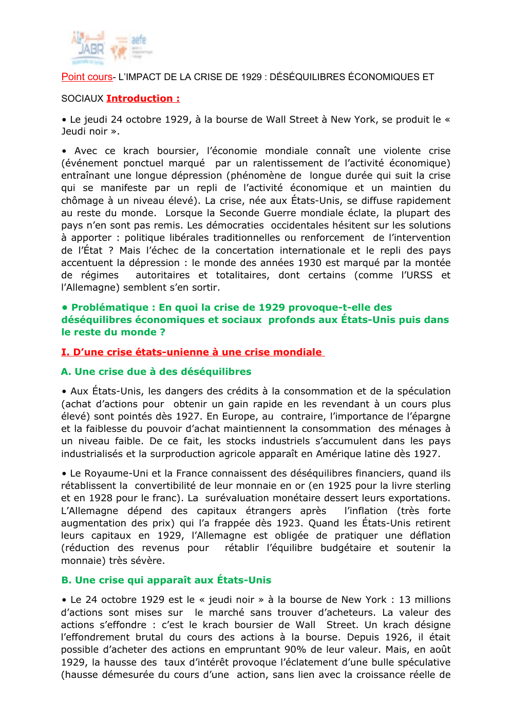 Prévisualisation du document Point cours- L’IMPACT DE LA CRISE DE 1929 : DÉSÉQUILIBRES ÉCONOMIQUES ET SOCIAUX