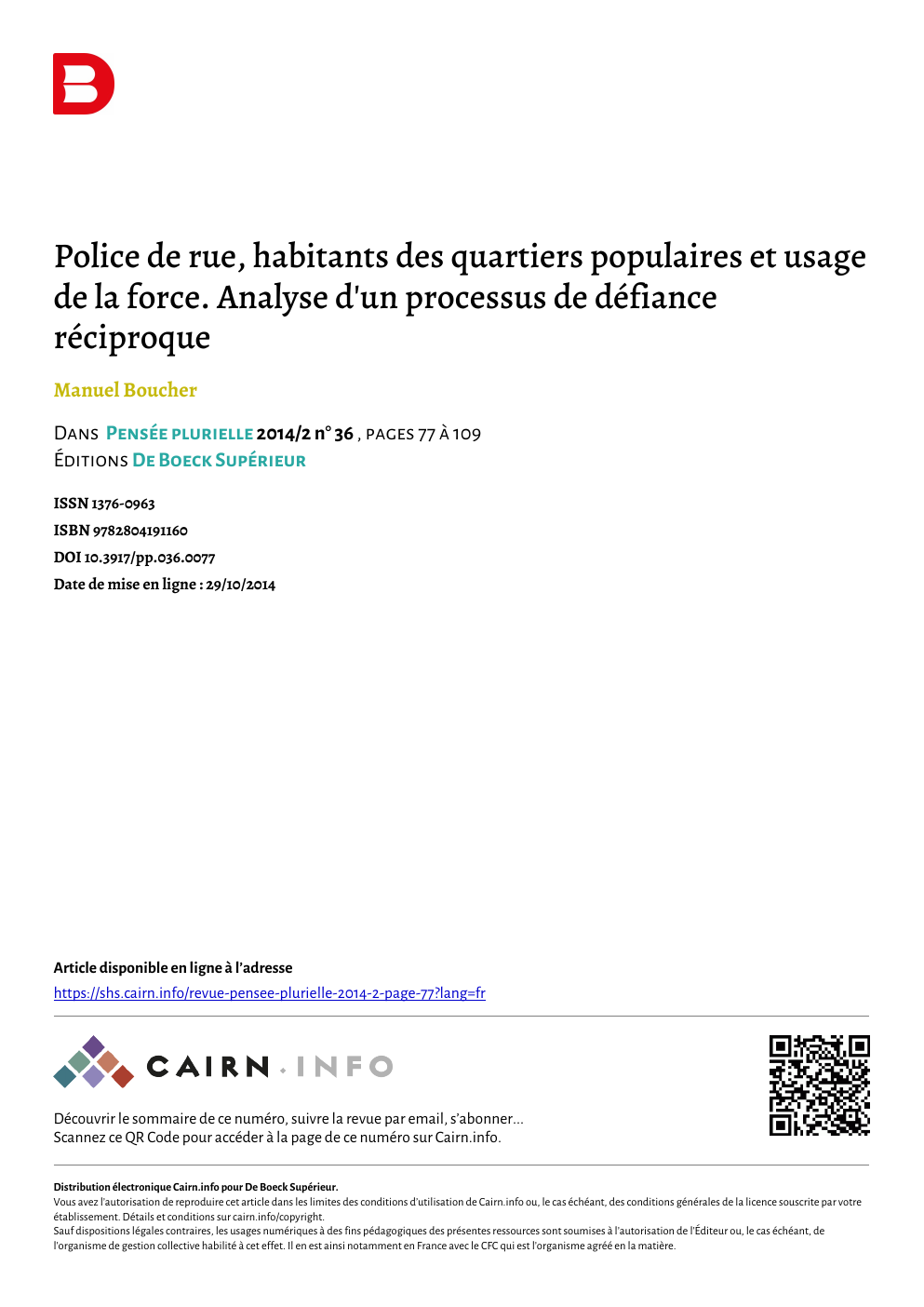 Prévisualisation du document Police de rue, habitants des quartiers populaires et usage de la force. Analyse d'un processus de défiance réciproque