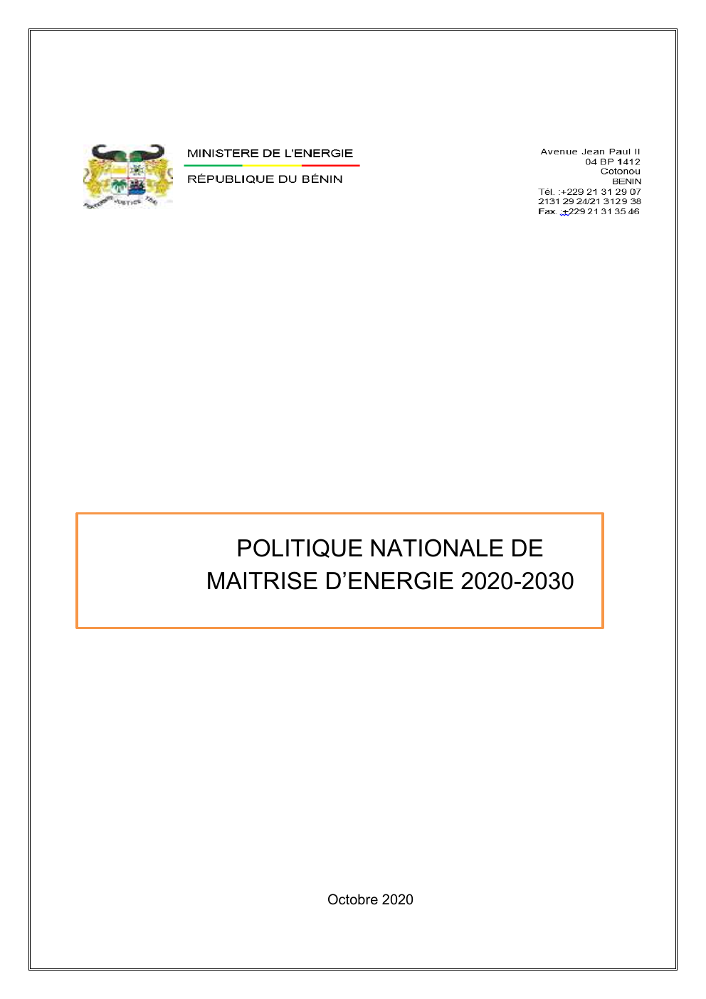 Prévisualisation du document POLITIQUE NATIONALE DE MAITRISE D’ENERGIE 2020-2030