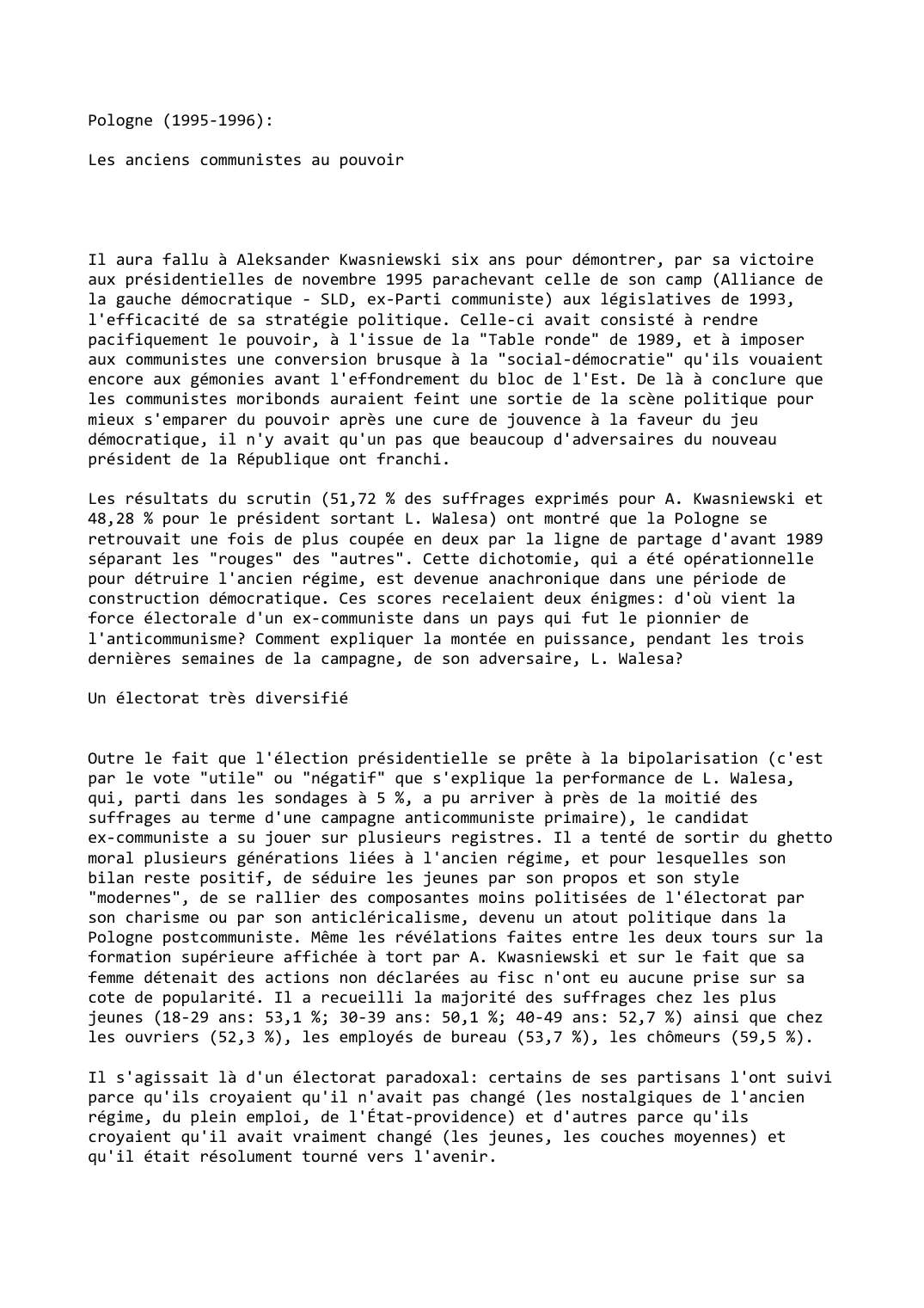 Prévisualisation du document Pologne (1995-1996):

Les anciens communistes au pouvoir