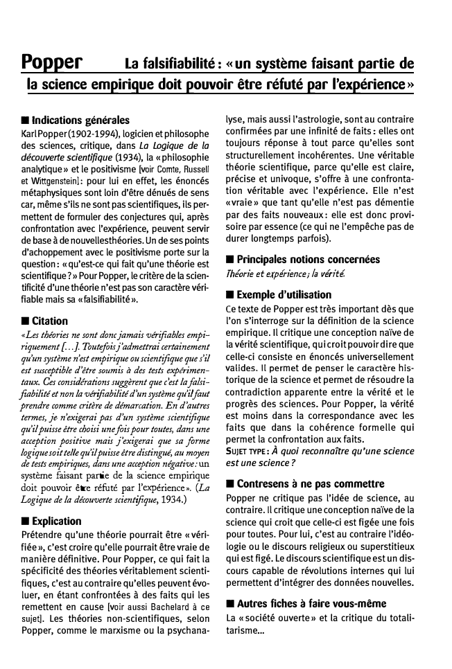 Prévisualisation du document Popper

La falsifiabilité : « un système faisant partie de
la science empirique doit pouvoir être réfuté par l'expérience»

■...