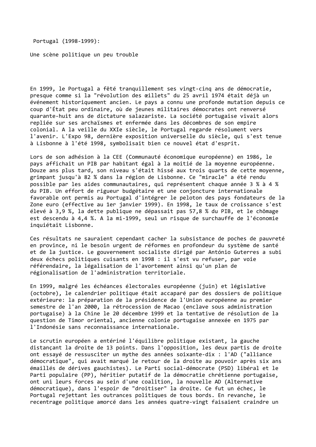 Prévisualisation du document Portugal (1998-1999):

Une scène politique un peu trouble