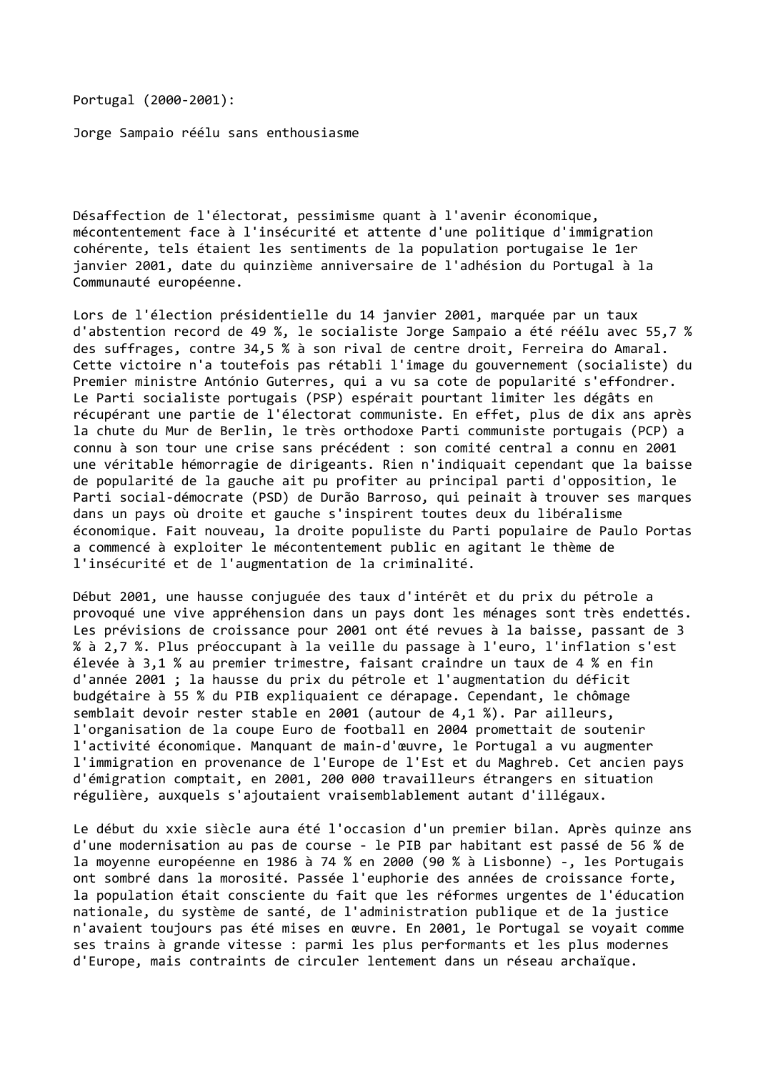 Prévisualisation du document Portugal (2000-2001):

Jorge Sampaio réélu sans enthousiasme