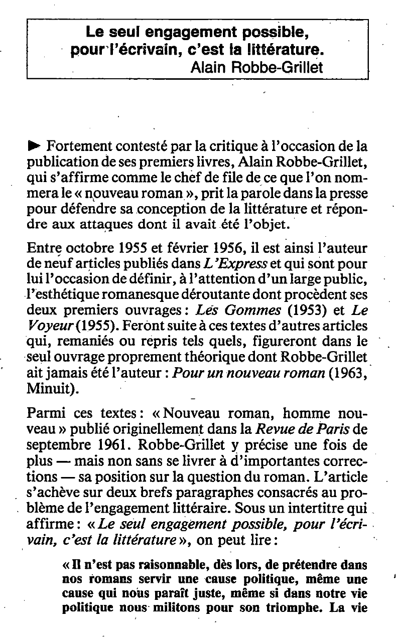 Prévisualisation du document Pour un nouveau roman [Alain Robbe-Grillet] - Fiche de lecture.