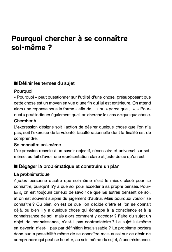 Prévisualisation du document Pourquoi chercher à se connaitre
soi-même?

■ Définir les termes du sujet
Pourquoi

« Pourquoi » peut questionner sur l'utilité...