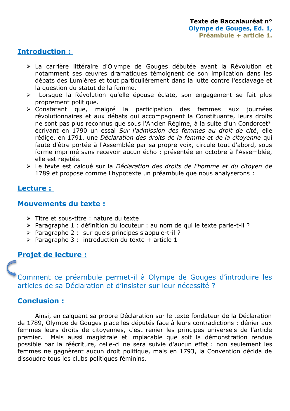 Prévisualisation du document Preambule DDFC Olympe de Gourges analyse linéaire