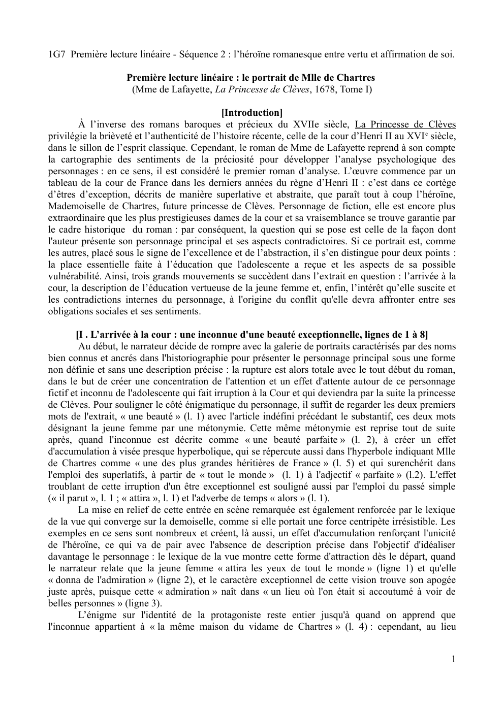 Prévisualisation du document Première lecture linéaire : le portrait de Mlle de Chartres (Mme de Lafayette, La Princesse de Clèves, 1678, Tome I)