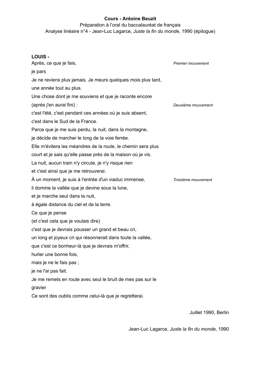 Prévisualisation du document Préparation à l’oral du baccalauréat de français Analyse linéaire n°4 - Jean-Luc Lagarce, Juste la fin du monde, 1990 (épilogue)