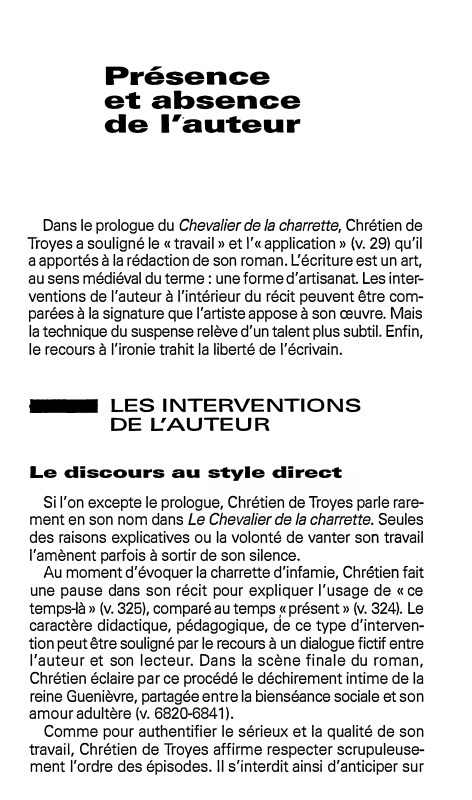 Prévisualisation du document Présence
et absence
de l'auteur

Dans le prologue du Chevalier de la charrette, Chrétien de
Troyes a souligné le «travail»...