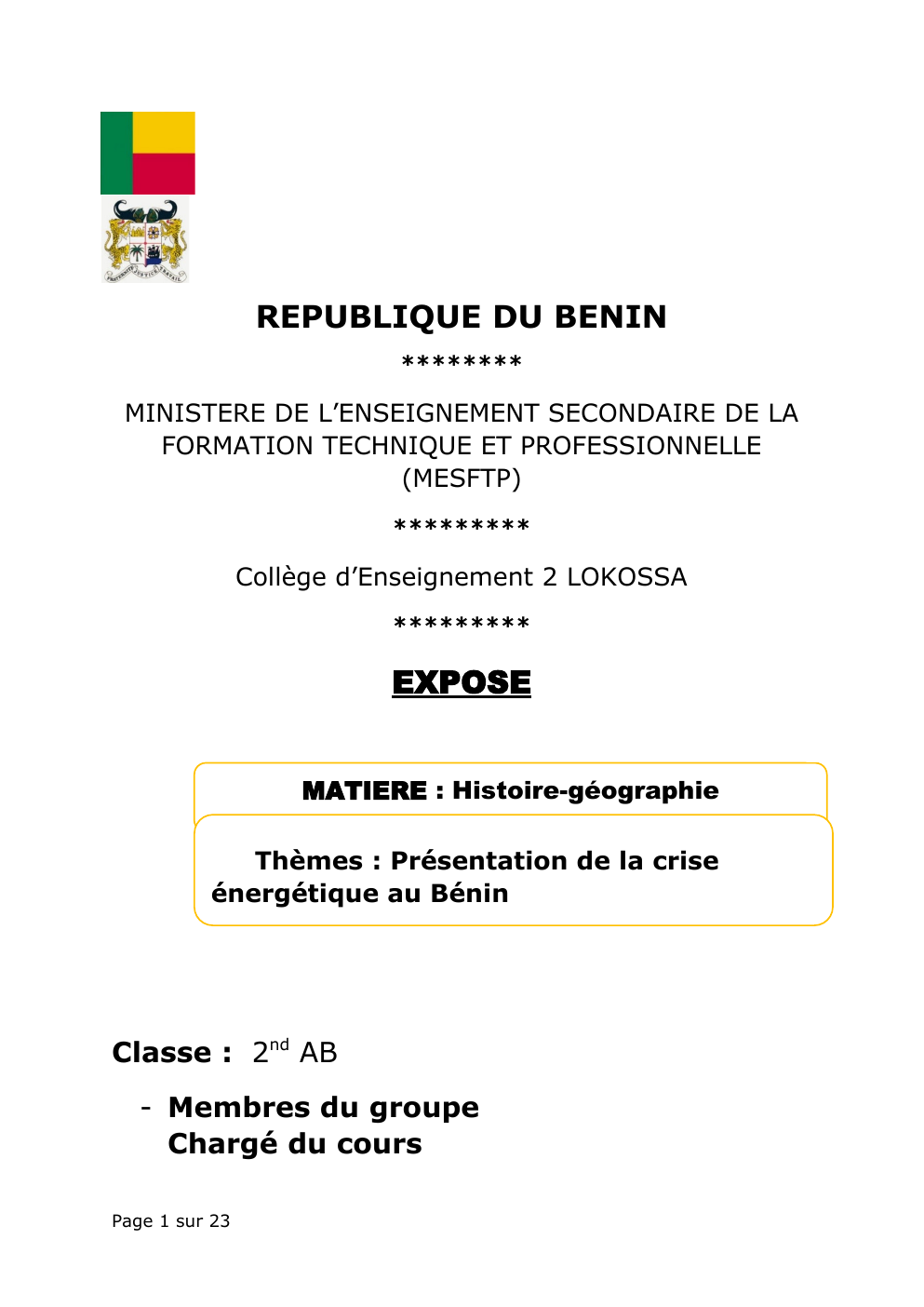 Prévisualisation du document Présentation de la crise énergétique au Bénin
