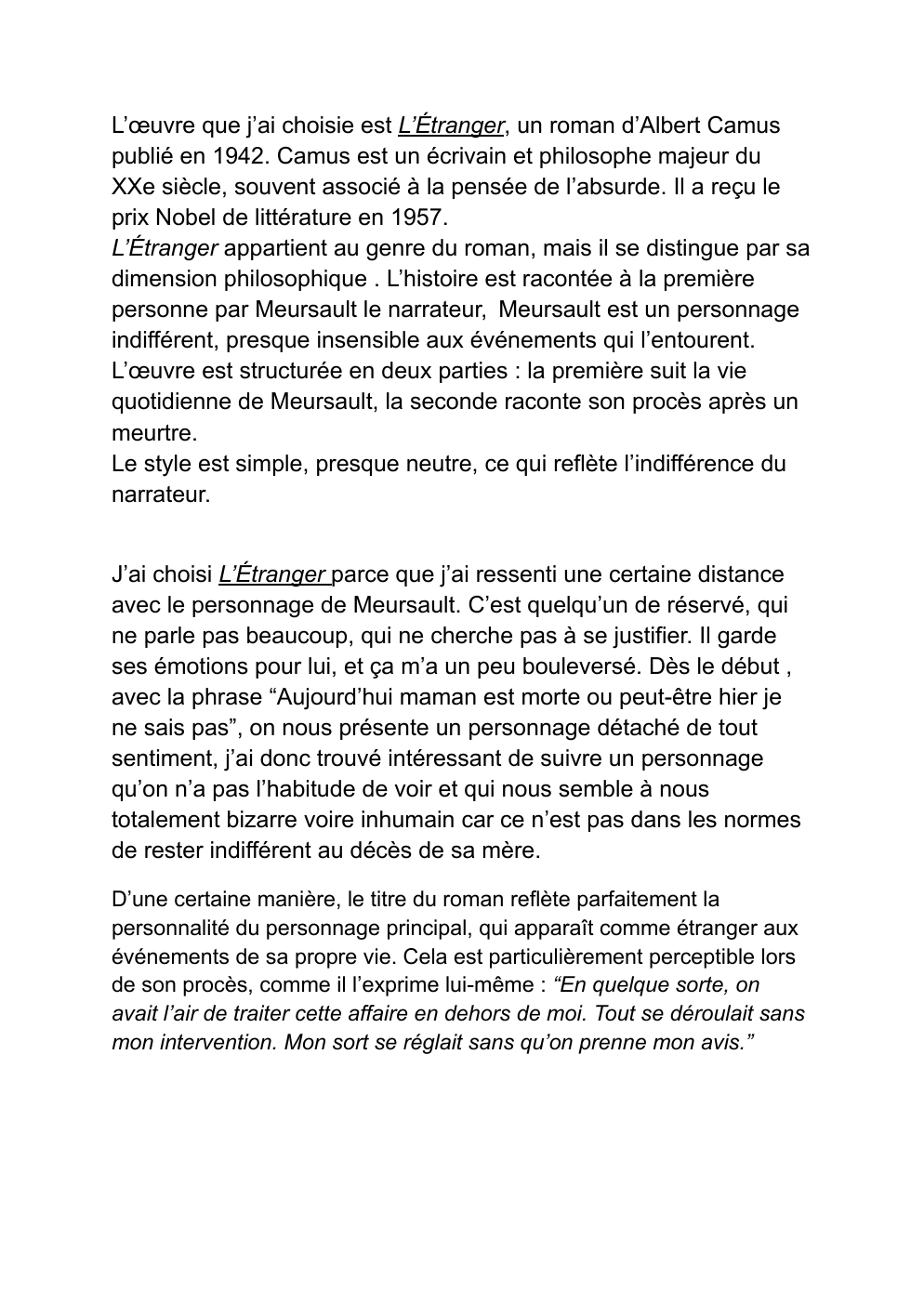 Prévisualisation du document Présentation de l'étranger de Camus