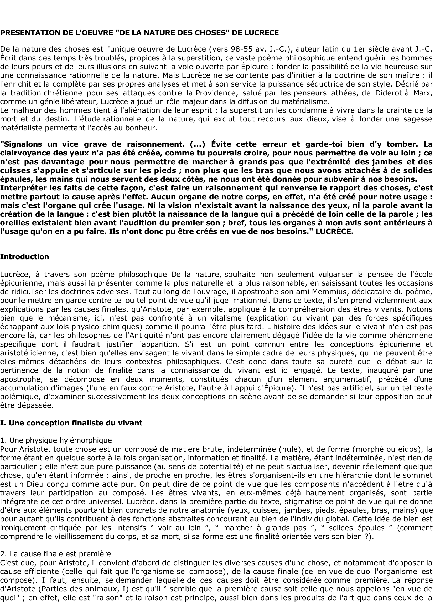 Prévisualisation du document PRESENTATION DE L'OEUVRE "DE LA NATURE DES CHOSES" DE LUCRECE