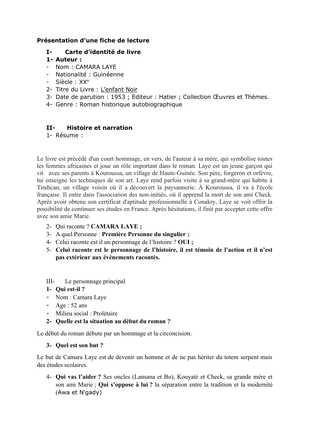 Prévisualisation du document Présentation d’une fiche de lecture Titre du Livre : L’enfant Noir