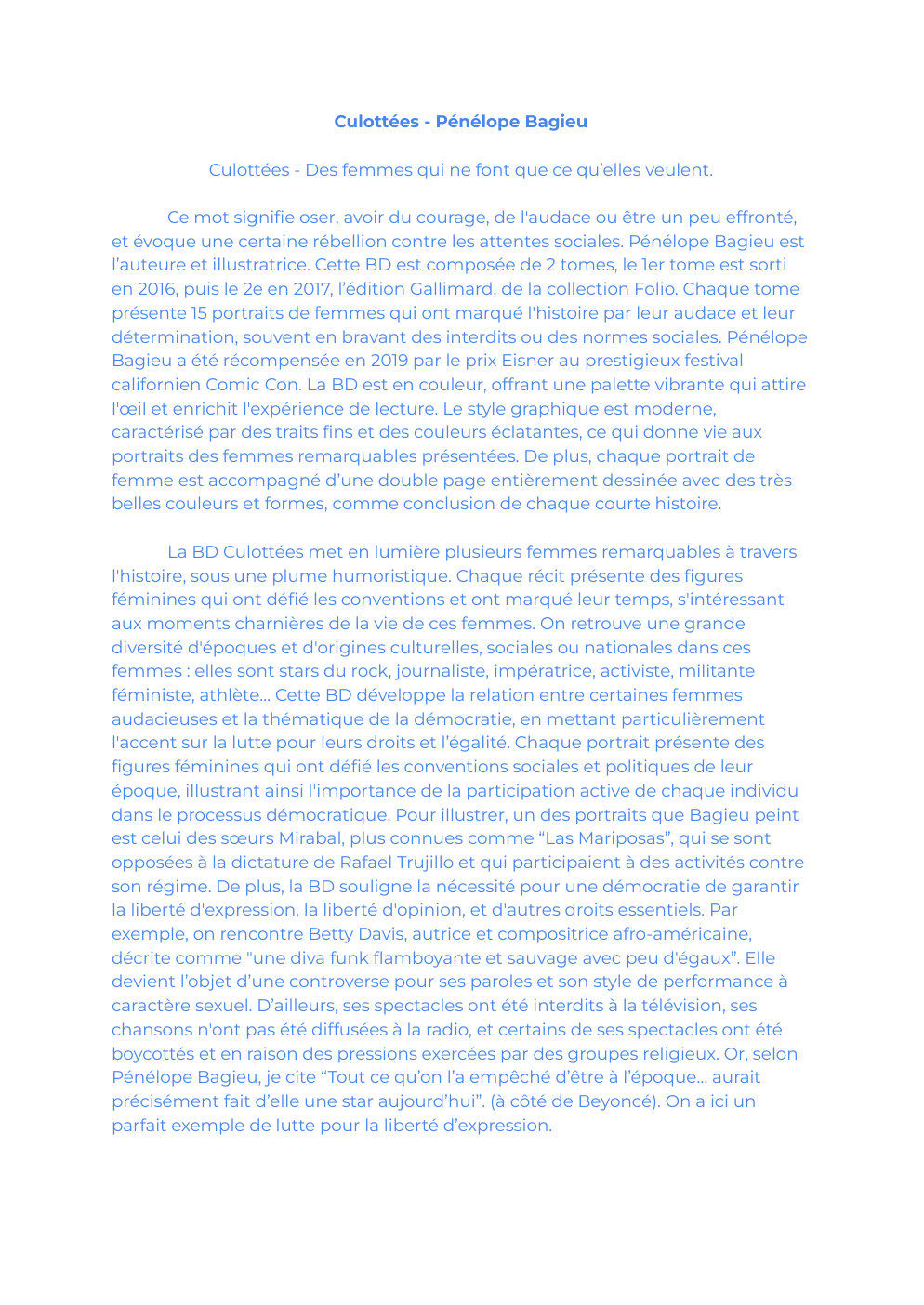 Prévisualisation du document Présentation et analyse de la bande dessinée « Culottées » de Pénélope Bagieu