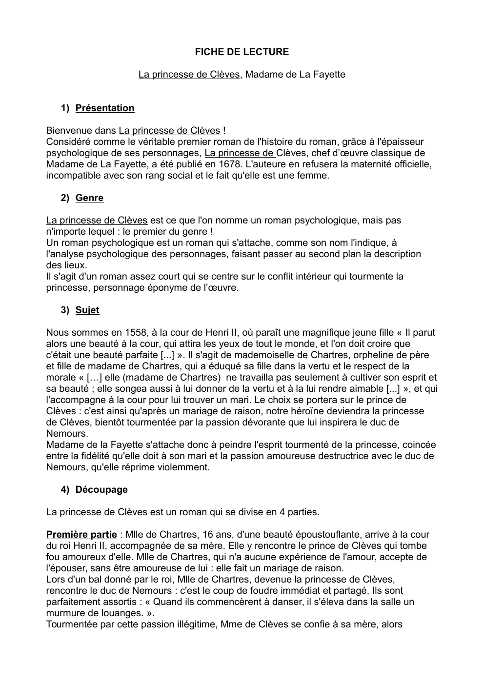 Prévisualisation du document Présentation et résumé Princesse de Clèves