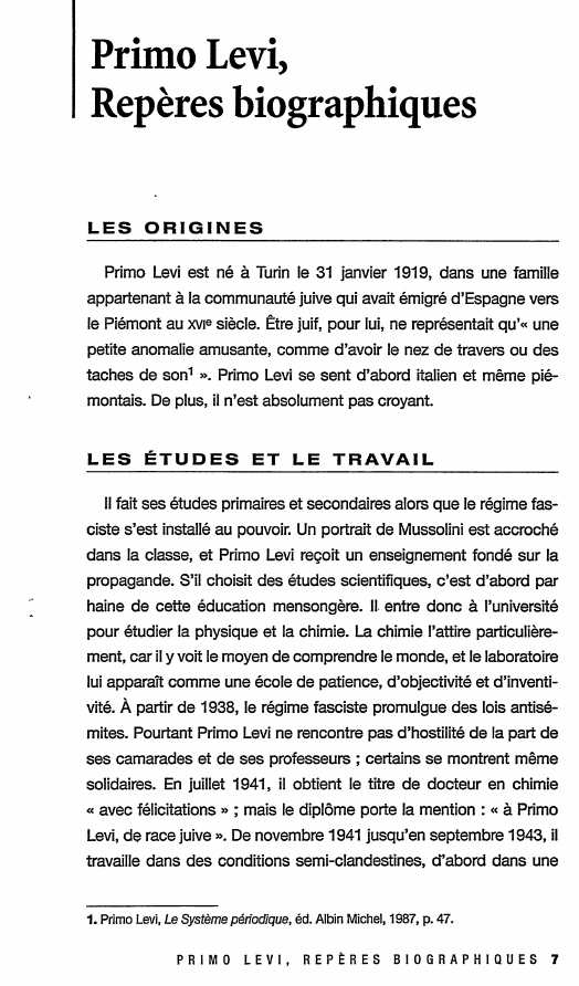 Prévisualisation du document Primo Levi, Repères biographiques: Si c'est un homme (1947)
