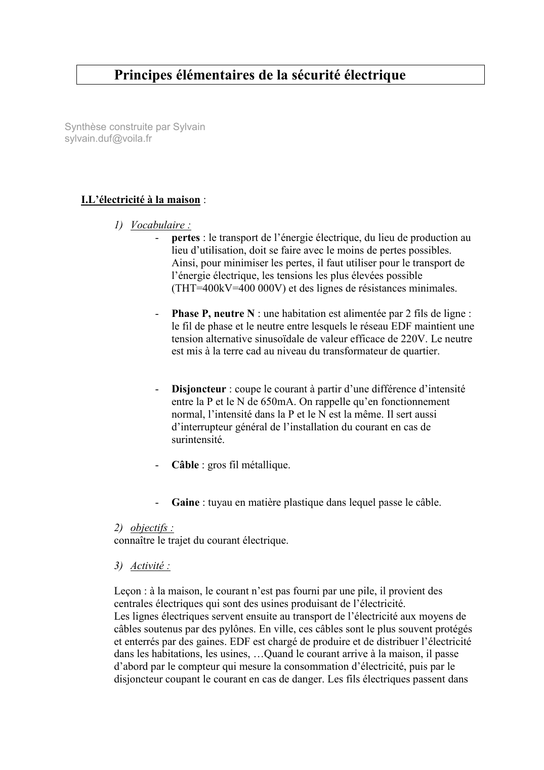 Prévisualisation du document Principes élémentaires de la sécurité électriqueSynthèse construite par Sylvainsylvain.