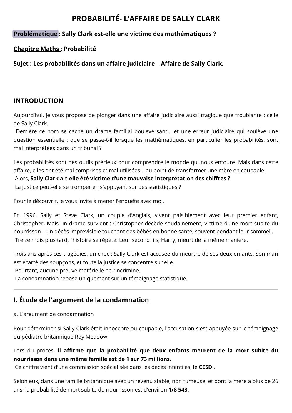 Prévisualisation du document PROBABILITÉ- L’AFFAIRE DE SALLY CLARK