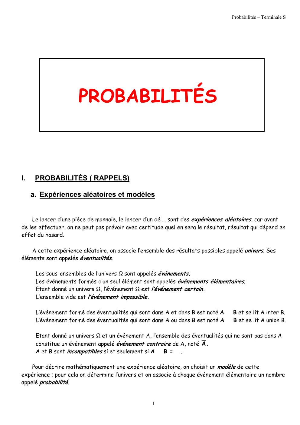 Prévisualisation du document Probabilités – Terminale S (cours)