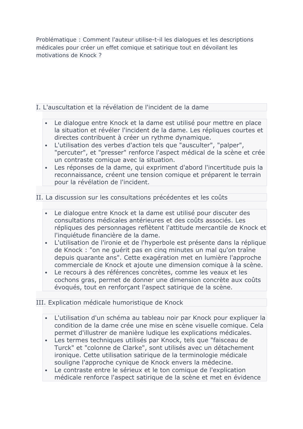 Prévisualisation du document Problématique : Comment l'auteur utilise-t-il les dialogues et les descriptions médicales pour créer un effet comique et satirique tout en dévoilant les motivations de Knock ?