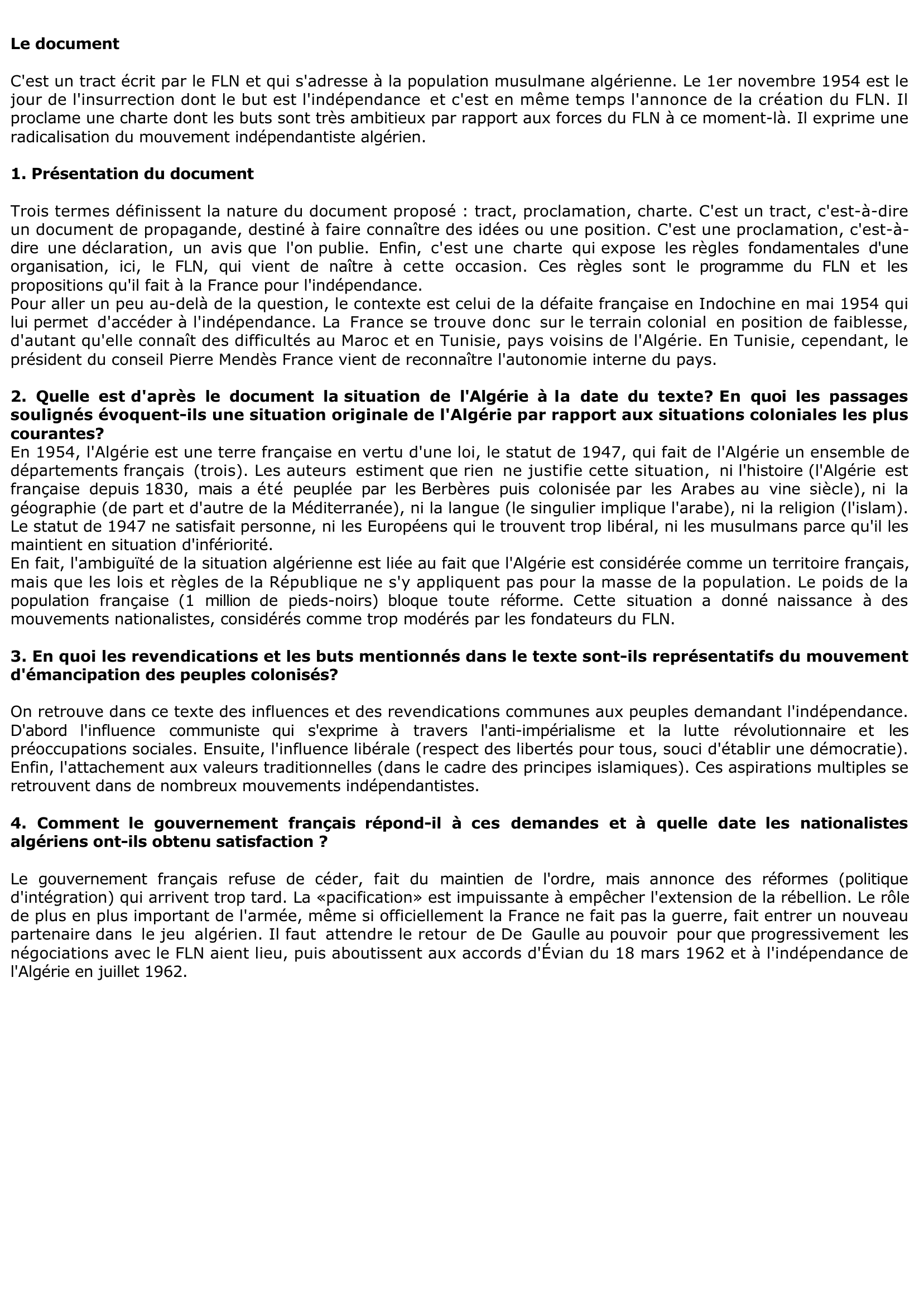 Prévisualisation du document Proclamation du Front de Libération Nationale algérien ?