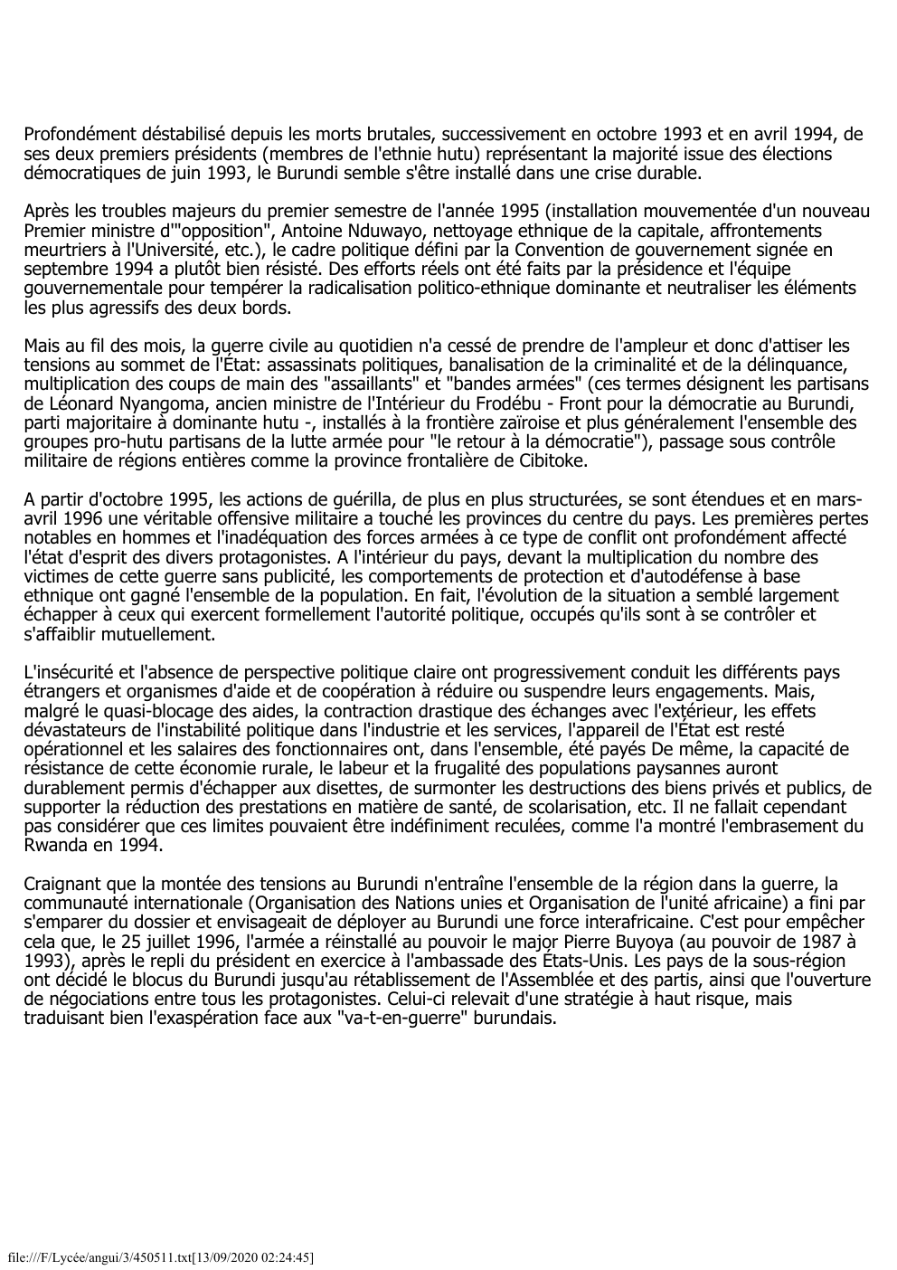 Prévisualisation du document Profondément déstabilisé depuis les morts brutales, successivement en octobre 1993 et en avril 1994, de
ses deux premiers présidents (membres...