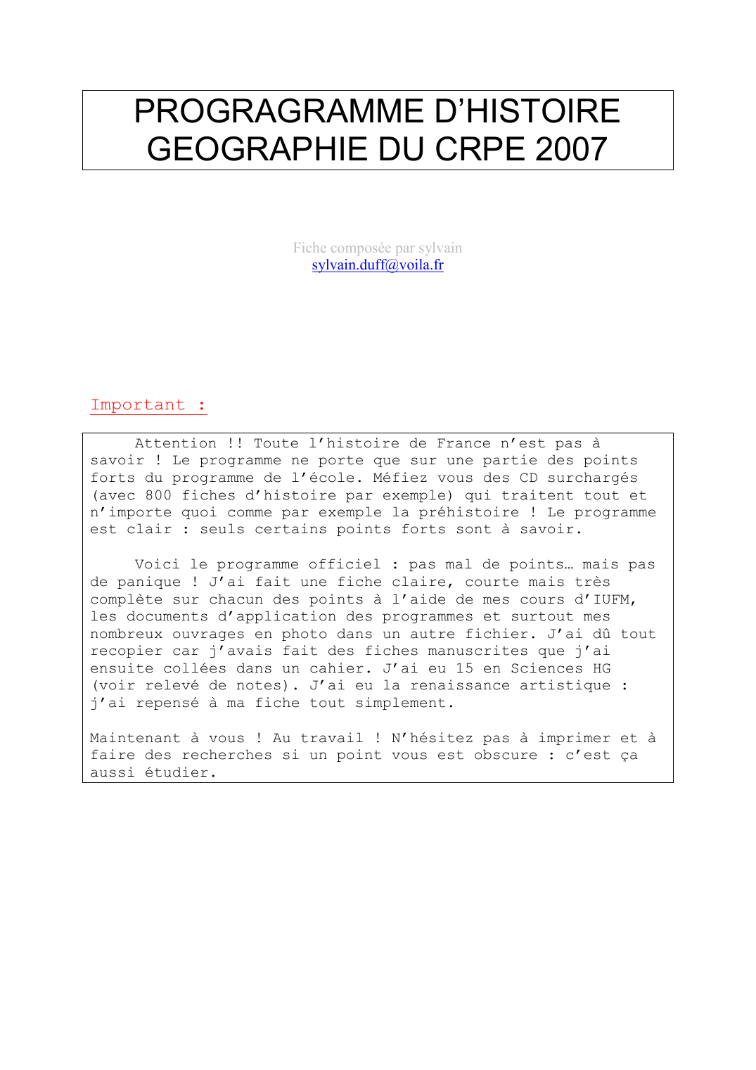 Prévisualisation du document PROGRAGRAMME D'HISTOIREGEOGRAPHIE DU CRPE 2007Fiche composée par sylvainsylvain.