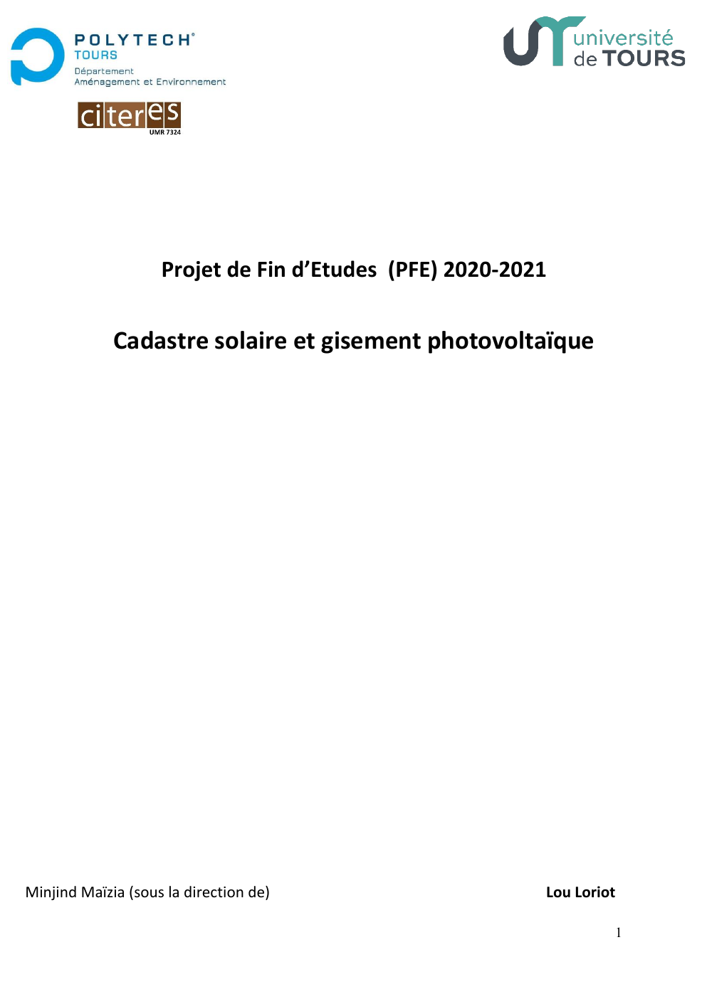 Prévisualisation du document Projet de Fin d’Etudes (PFE) 2020-2021 Cadastre solaire et gisement photovoltaïque