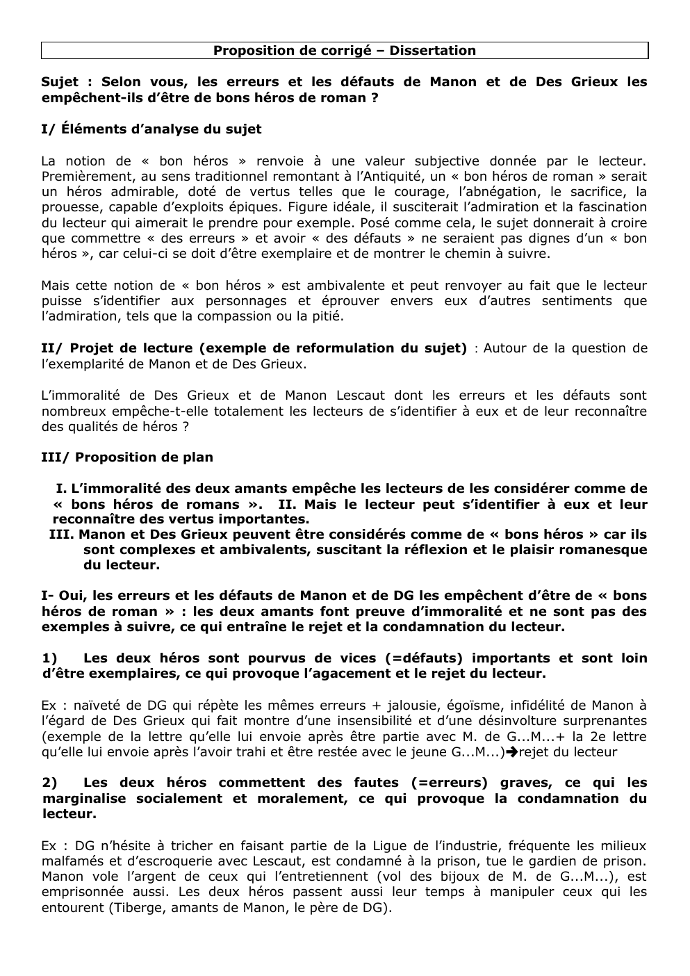 Prévisualisation du document Proposition corrigé dissertation Manon Lescaut