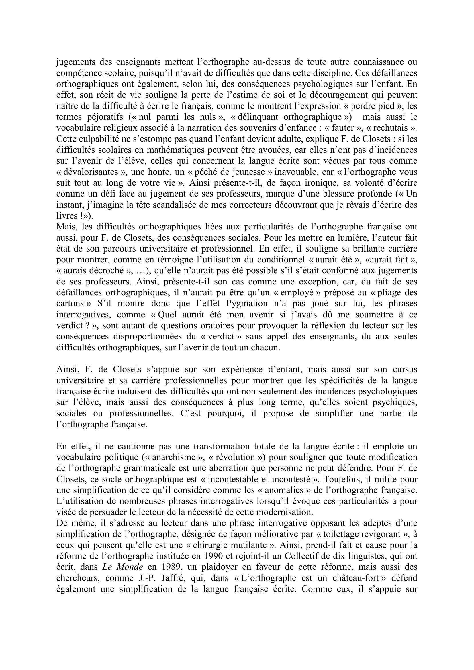 Prévisualisation du document Proposition de corrigé – Commentaire du texte de F. de Closets