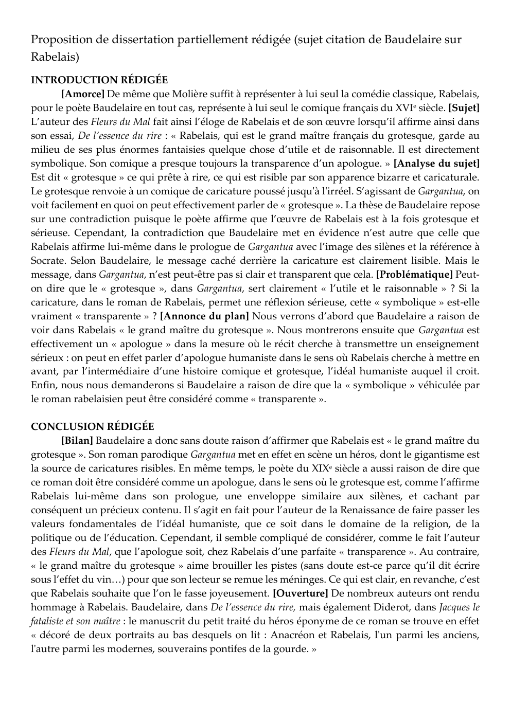 Prévisualisation du document Proposition de dissertation partiellement rédigée (sujet citation de Baudelaire sur Rabelais)