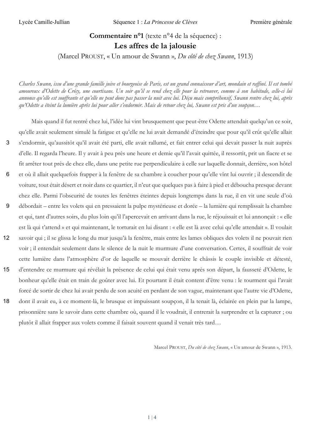 Prévisualisation du document Proust la jalousie: Les affres de la jalousie (Marcel PROUST, « Un amour de Swann », Du côté de chez Swann, 1913)