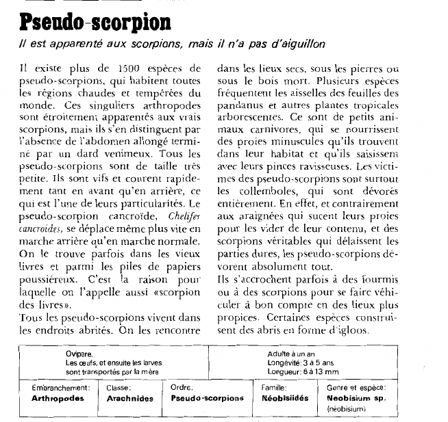 Prévisualisation du document Psendo-scorpion:Il est apparenté aux scorpions, mais il n'a pas d'aiguillon.