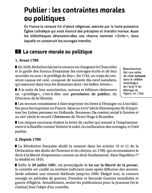 Prévisualisation du document Publier : les contraintes morales
ou politiques
En France la censure fut d'abord religieuse, exercée par la toute-puissante
Église catholique...