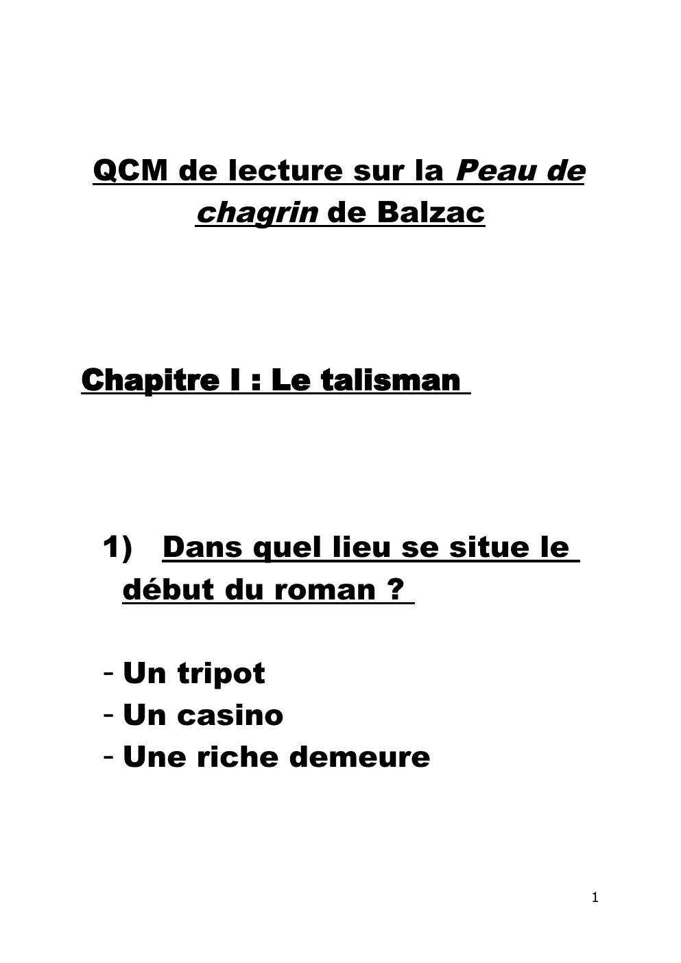 Prévisualisation du document QCM de lecture sur la Peau de chagrin