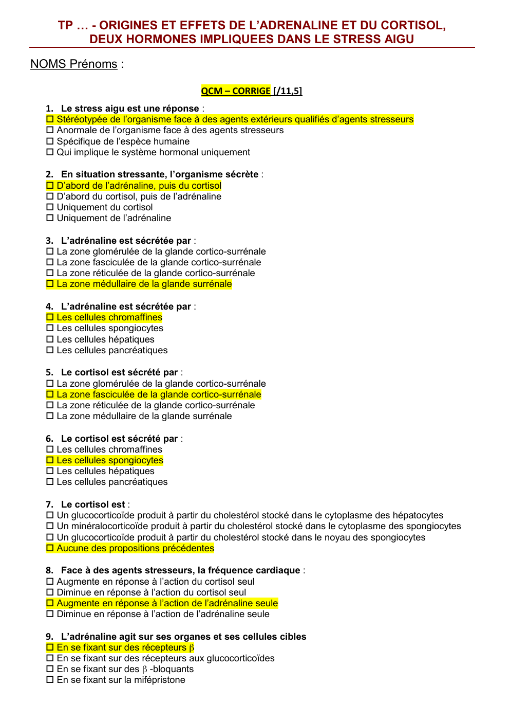 Prévisualisation du document QCM Stress