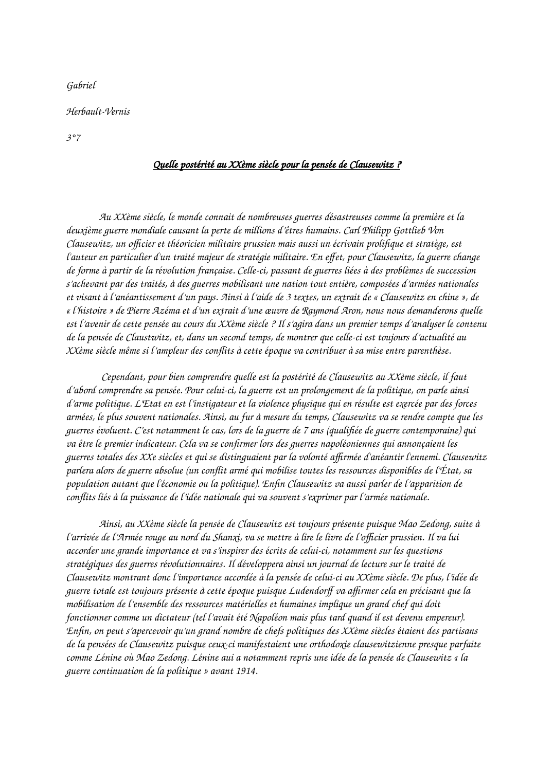 Prévisualisation du document Quelle postérité au XXème siècle pour la pensée de Clausewitz ?