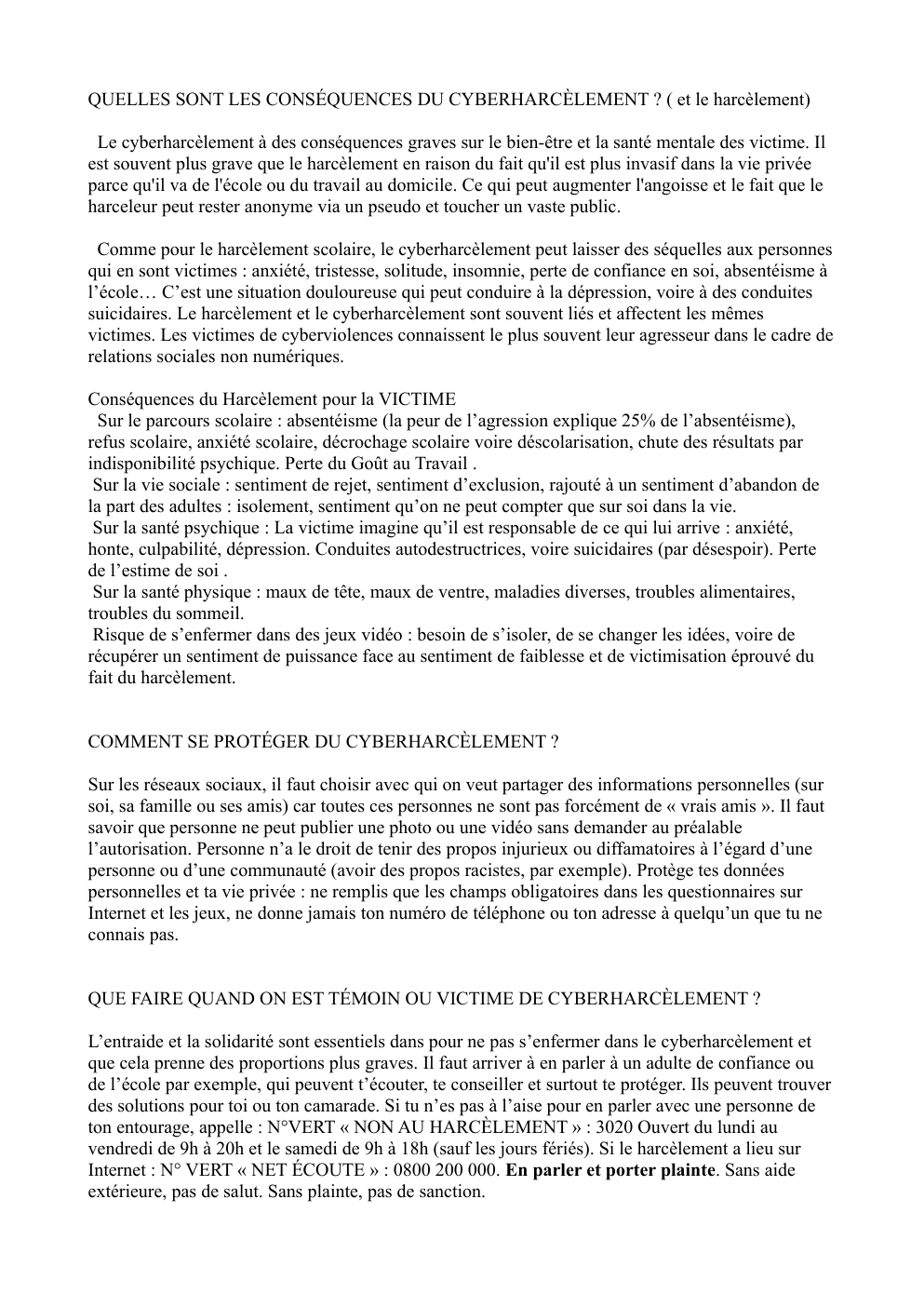Prévisualisation du document QUELLES SONT LES CONSÉQUENCES DU CYBERHARCÈLEMENT ? ( et le harcèlement)