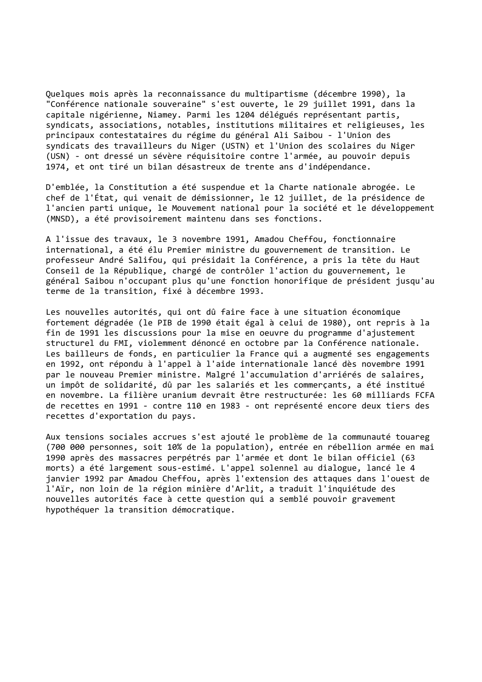 Prévisualisation du document Quelques mois après la reconnaissance du multipartisme (décembre 1990), la
"Conférence nationale souveraine" s'est ouverte, le 29 juillet 1991, dans...