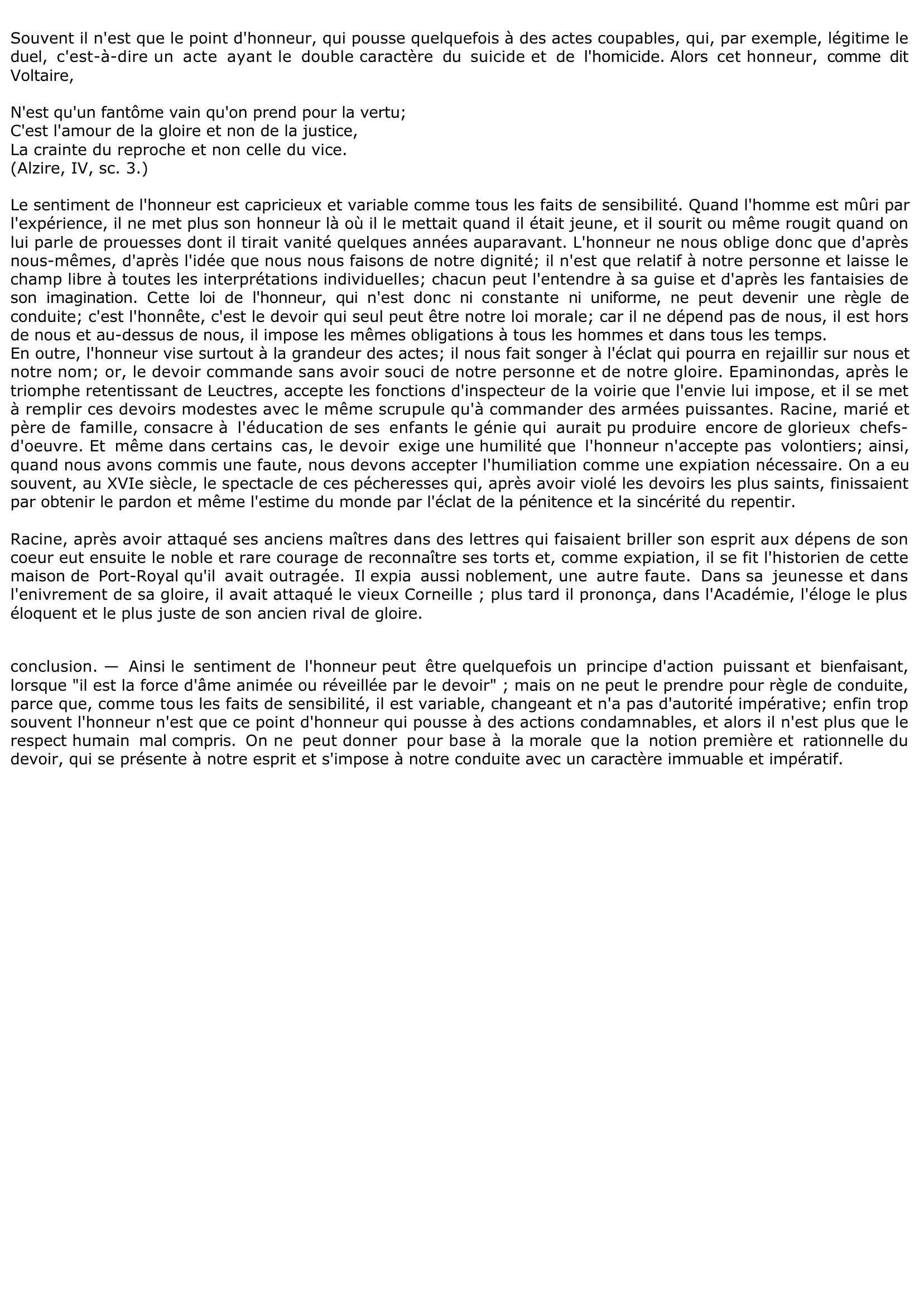 Prévisualisation du document Qu'est-ce que le sentiment de l'honneur ? peut-il remplacer l'idée du devoir comme règle absolue et obligatoire de la conduite ?