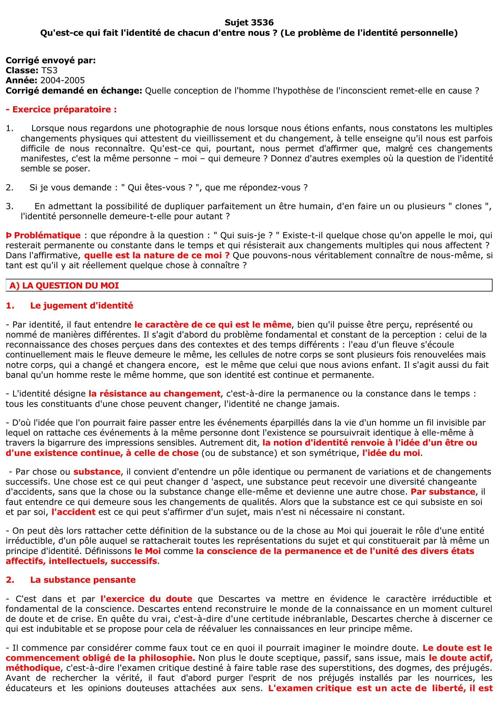 Prévisualisation du document Qu'est-ce qui fait l'identité de chacun d'entre nous ? (Le problème de l'identité personnelle)