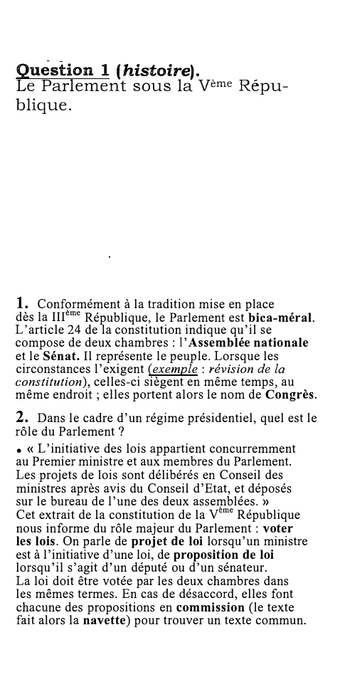 Prévisualisation du document Question 1 (histoire).

Le Parlement sous la Vème Répu­
blique.

1. Confç,rmément à la tradition mise en place
dès la...