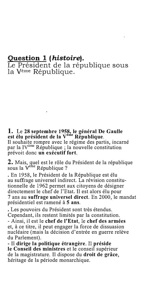 Prévisualisation du document Question

1 ( histoire).

Le Président de la république sous
la Vème République.

1. Le 28 septembre 1958, le général...