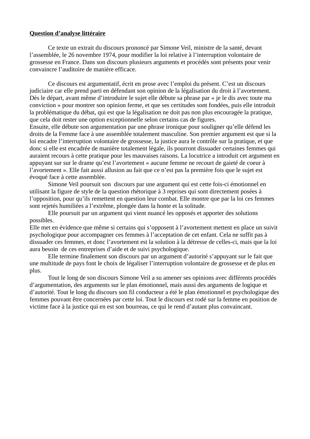 Prévisualisation du document Question d'analyse littéraire, discours de Simone Veil, , le 26 novembre 1974