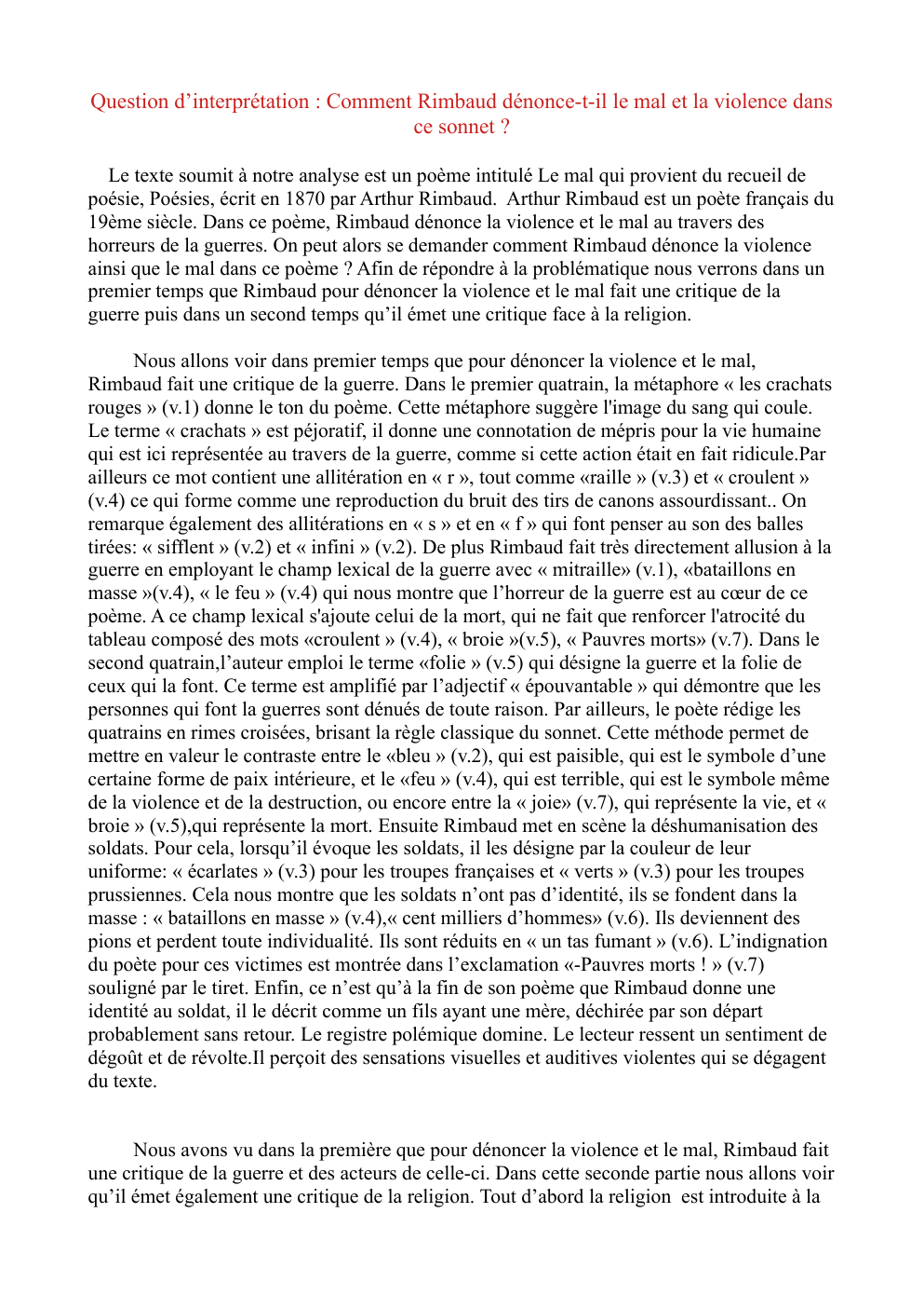 Prévisualisation du document Question d’interprétation : Comment Rimbaud dénonce-t-il le mal et la violence dans ce sonnet ?