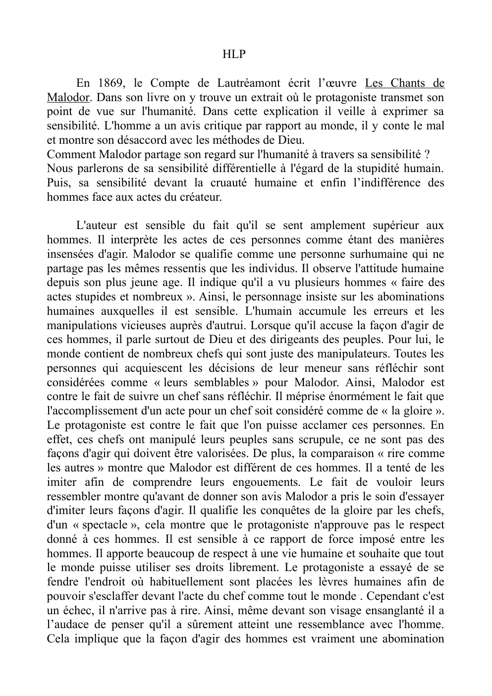Prévisualisation du document QUESTION INTERPRETATION LITTERATURE HLP: de Lautréamont écrit l’œuvre Les Chants de Malodor