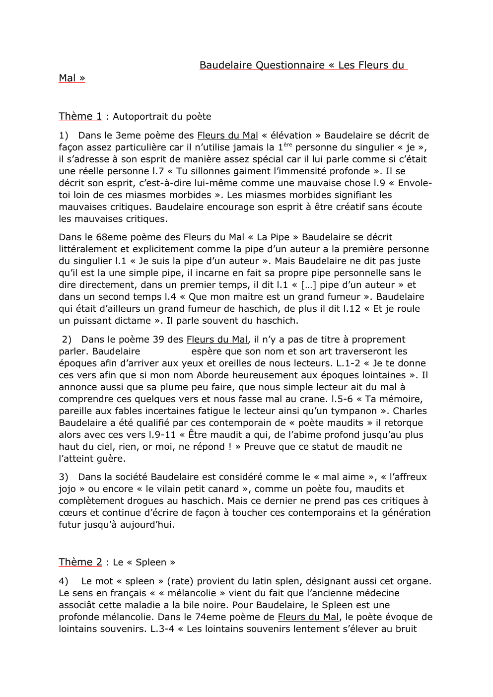 Prévisualisation du document Questionnaire Baudelaire