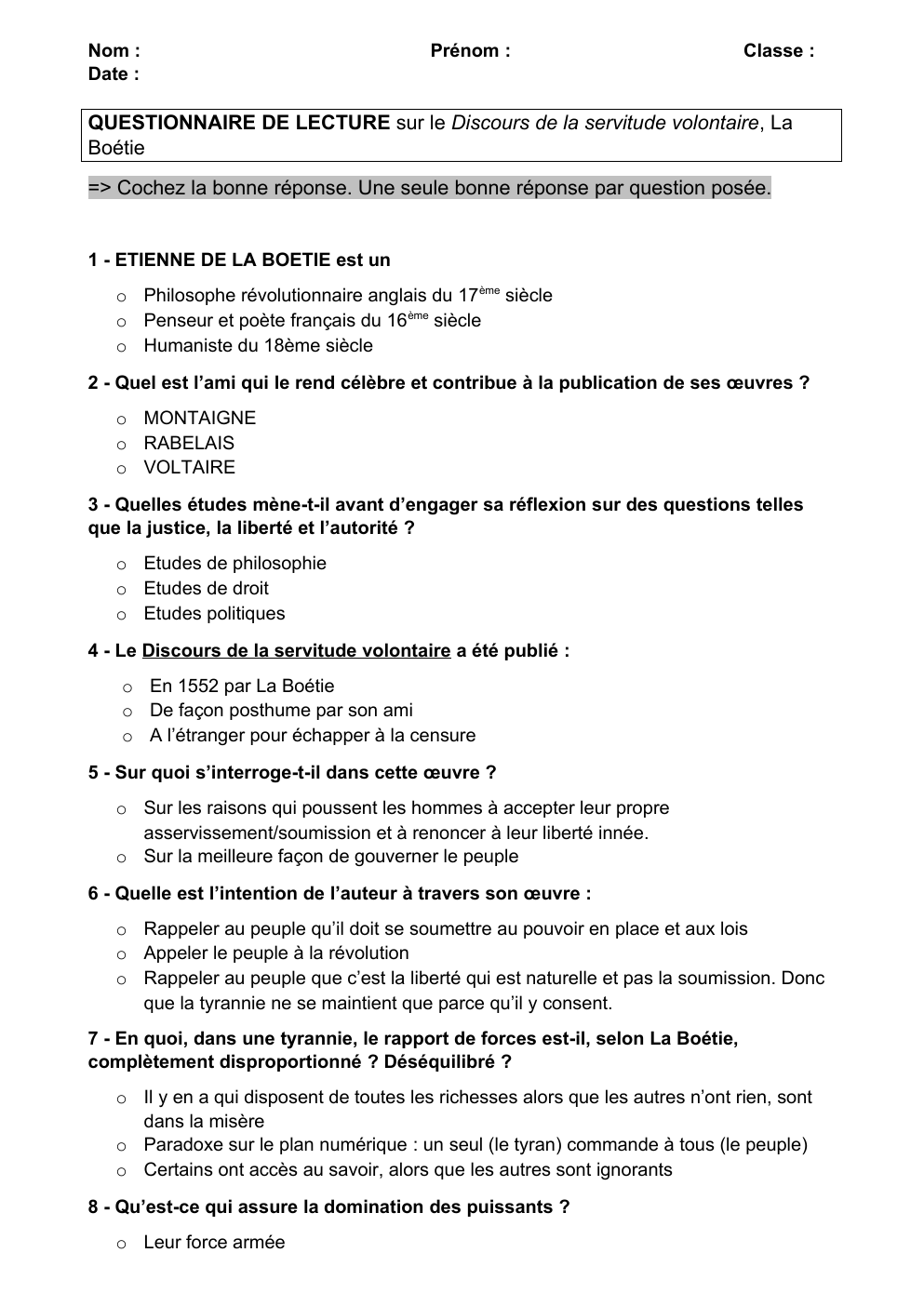 Prévisualisation du document questionnaire de lecture Discours de la servitude volontaire