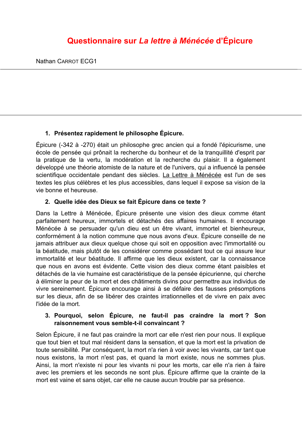 Prévisualisation du document Questionnaire sur La lettre à Ménécée d’Épicure (philo)